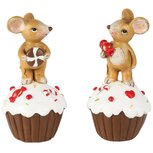 Dekoratief | Muisje staand op cupcake, bruin/wit, resina, 7x7x13cm, set van 2 stuks | A255226 Dekoratief | Muisje staand op cupcake, bruin/wit, resina, 7x7x13cm, set van 2 stuks | A255226