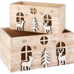 Dekoratief | Set 2 bakjes m/herten/bomen, naturel/wit, hout, 24x14x12cm | A255453 Dekoratief | Set 2 bakjes m/herten/bomen, naturel/wit, hout, 24x14x12cm | A255453
