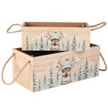 Dekoratief | Set 2 bakjes 'Winter Deer', naturel, hout, 25x12x10cm | A255483 Dekoratief | Set 2 bakjes 'Winter Deer', naturel, hout, 25x12x10cm | A255483