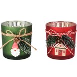 Dekoratief | Theelichthouder m/santa/huisje, rood/groen, glas, 7x7x8cm, set van 2 stuks | A255503 Dekoratief | Theelichthouder m/santa/huisje, rood/groen, glas, 7x7x8cm, set van 2 stuks | A255503