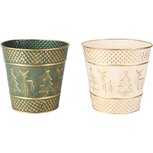 Dekoratief | Bloempot 'Deer & Tree', groen/wit, metaal, 17x17x16cm, set van 2 stuks | A255575 Dekoratief | Bloempot 'Deer & Tree', groen/wit, metaal, 17x17x16cm, set van 2 stuks | A255575