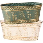 Dekoratief | Bloempot ovaal 'Deer & Tree', groen/wit, metaal, 26x14x11cm, set van 2 stuks | A255576 Dekoratief | Bloempot ovaal 'Deer & Tree', groen/wit, metaal, 26x14x11cm, set van 2 stuks | A255576