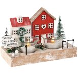 Dekoratief | Theelichthouder m/huisjes, naturel/rood, hout, 19x9x13cm | A255760 Dekoratief | Theelichthouder m/huisjes, naturel/rood, hout, 19x9x13cm | A255760