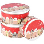 Dekoratief | Set 3 bewaardozen 'Winter Village', rood/wit, metaal, 20x20x9cm | A255904 Dekoratief | Set 3 bewaardozen 'Winter Village', rood/wit, metaal, 20x20x9cm | A255904