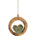 Dekoratief | Hanger ring m/hart, groen/naturel, hout/email, 10x2x10cm | A258006