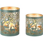 Dekoratief | Set 2 Waxinelichthouders 'Gazing Deer', groen/goud, metaal, 10x10x14cm | A258090 Dekoratief | Set 2 Waxinelichthouders 'Gazing Deer', groen/goud, metaal, 10x10x14cm | A258090