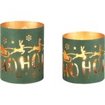 Dekoratief | Set 2 Waxinelichthouders 'Santa Sleigh', groen/goud, metaal, 11x11x13cm | A258152 Dekoratief | Set 2 Waxinelichthouders 'Santa Sleigh', groen/goud, metaal, 11x11x13cm | A258152