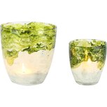Dekoratief | Set 2 theelichthouders 'Green Waze', groen/wit, glas, 9x9x9cm | A258176 Dekoratief | Set 2 theelichthouders 'Green Waze', groen/wit, glas, 9x9x9cm | A258176