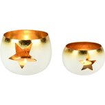 Dekoratief | Set 2 theelichthouders m/sterren, wit/goud, metaal, 13x13x10cm | A258191 Dekoratief | Set 2 theelichthouders m/sterren, wit/goud, metaal, 13x13x10cm | A258191