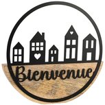 Dekoratief | Deco 'Bienvenue' in cirkel, zwart/naturel, metaal/hout, 24x3x23cm | A258422 Dekoratief | Deco 'Bienvenue' in cirkel, zwart/naturel, metaal/hout, 24x3x23cm | A258422