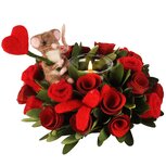 Dekoratief | Tafelstukje m/rozen/muisje, rood, naturel/pvc, 22x22x14cm | A260071