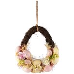 Dekoratief | Hanger krans m/eitjes, geel/roze, pvc/naturel, 25x22x8cm | A260062