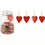 Dekoratief | Bokaal m/60 hangers (6cm) hart 'Merci/Pour Toi/Bisous/Avec Plaisir', rood, hout, 16x16x26cm | A248161