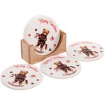 Dekoratief | Set 4 coasters 'Rocking Bear', wit, hout, 10x10cm | A269032