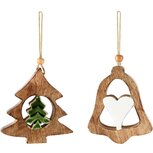 Dekoratief | Hanger klokje/boompje, naturel/wit/groen, hout, 9x2x9cm, set van 2 stuks | A268204