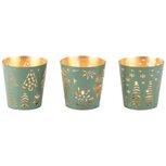 Dekoratief | Theelichthouder 'Winter', groen/goud, metaal, 8x6x8cm, set van 3 stuks | A268196