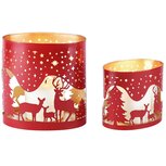 Dekoratief | Set 2 Waxinelichthouders 'Woodland Family', rood/goud, metaal, 14x10x15cm | A268195