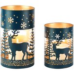Dekoratief | Set 2 Waxinelichthouders 'Highland Deer', petrol/goud, metaal, 12x12x20cm | A268191