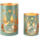 Dekoratief | Set 2 Waxinelichthouders 'Winter Village', groen/goud, metaal, 12x12x20cm | A268190
