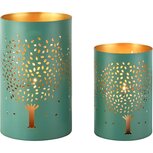 Dekoratief | Set 2 Waxinelichthouders 'Seasons Tree', groen/goud, metaal, 12x12x20cm | A268178
