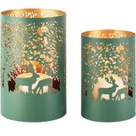 Dekoratief | Set 2 Waxinelichthouders 'Wild Deer', groen/goud, metaal, 12x12x20cm | A268175