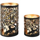 Dekoratief | Set 2 Waxinelichthouders 'Woodland Reindeer', zwart/goud, metaal, 12x12x20cm | A268076