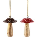 Dekoratief | Hanger paddenstoel, rood/bruin/naturel, hout, 7x7x10cm, set van 2 stuks | A268067