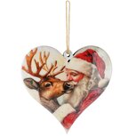 Dekoratief | Hanger hart 'Santa w/deer', wit/rood, metaal, 11x1x10cm | A268044