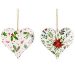 Dekoratief | Hanger hart 'Holly Berry', wit/groen, metaal, 11x1x10cm, set van 2 stuks | A268043