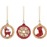 Dekoratief | Hanger kous/sneeuwvlok/rendier, naturel/rood, hout, 7x8x1cm, set van 3 stuks | A268030