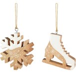 Dekoratief | Hanger schaats/sneeuwvlok, naturel/wit, hout, 11x2x10cm, set van 2 stuks | A268027