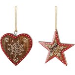Dekoratief | Hanger hart/ster, naturel/rood, hout, 10x1x10cm, set van 2 stuks | A268023