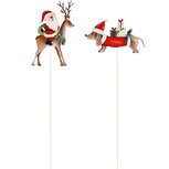 Dekoratief | Tuinprikker santa/kersthond, rood, metaal, 12x35x1cm, set van 2 stuks | A265948