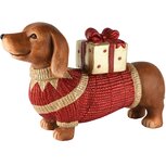 Dekoratief | Teckel m/sweater/cadeau, rood/goud, magnesium, 47x14x28cm | A265842