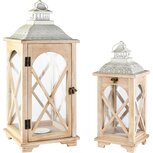 Dekoratief | Set 2 lantaarns, naturel/wit, hout/metaal/glas, 24x24x56cm | A265812