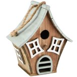 Dekoratief | Hanger vogelhuisje, blauw/wit/naturel, hout, 18x12x22cm | A265810