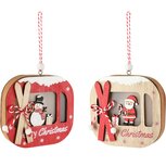 Dekoratief | Hanger gondel m/ski's, rood/naturel, hout, LED, 10x10x2cm, set van 2 stuks | A265282