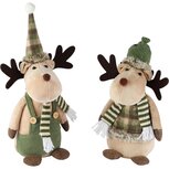 Dekoratief | Rendier m/sjaal/muts, groen/beige, stof, 13x12x27cm, set van 2 stuks | A265265