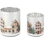Dekoratief | Set 2 theelichthouders 'Winter Village', glas, 7x7x8cm | A265255