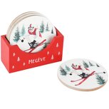 Dekoratief | Set 4 coasters 'Ski Season', wit/rood, hout, 12x5x11cm | A265250