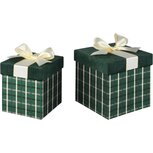 Dekoratief | Set 2 dozen vierkant m/striklint, groen/wit, velvet/karton, 16x16x16cm | A265773