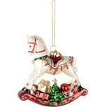 Dekoratief | Hanger schommelpaard m/cadeautjes, wit/rood, glas, 12x4x13cm | A265747