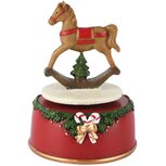 Dekoratief | Muziekdoos m/schommelpaard, rood/groen, resina, 11x11x15cm | A265351