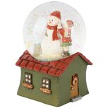 Dekoratief | Waterbol huisje m/sneeuwman, groen/rood, resina/glas, 7x6x10cm | A265718