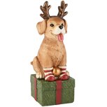 Dekoratief | Kersthond zittend op cadeau, groen/beige, resina, 5x5x15cm | A265711