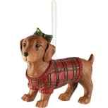 Dekoratief | Hanger teckel m/trui/strikje, bruin/rood, resina, 8x3x6cm | A265705