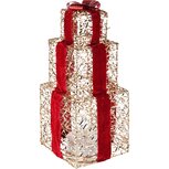 Dekoratief | Stapel cadeautjes m/strik, goud/rood, draait 360?, LED, 15x15x36cm | A265314