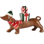 Dekoratief | Kersthond m/cadeautjes, bruin/groen/rood, keramiek, 21x6x12cm | A265365