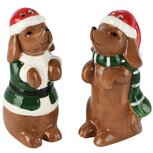 Dekoratief | Duo peper/zout kersthond, bruin/groen, keramiek, 5x4x9cm | A265366