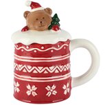 Dekoratief | Mok m/deksel m/kerstbeertje, rood/wit, keramiek, 13x9x14cm | A265369